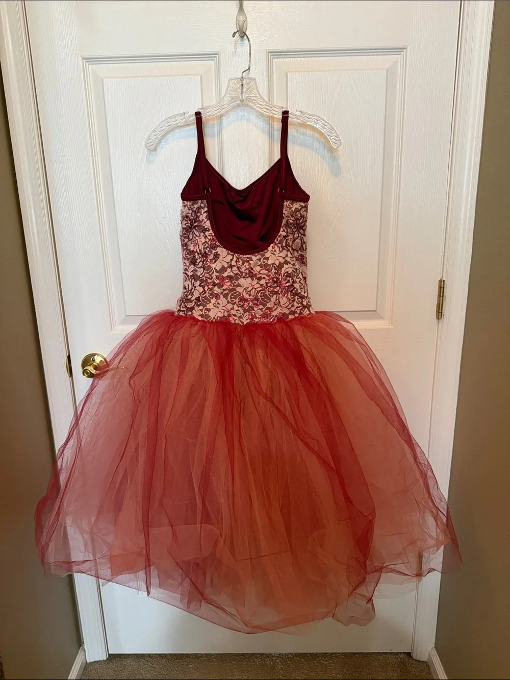 Girls Burgundy Tulle Dance Costume Dress with Sequin Bodice